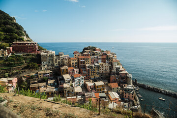 Stunning drone shots and close ups of the city Manarola at the sea side in Italy. 