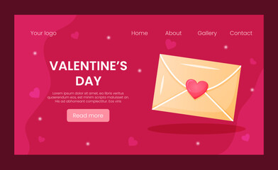 Vector landing page template greeting card for Valentines day. Hearts and envelope on pink background illustration. Celebrate event and sale