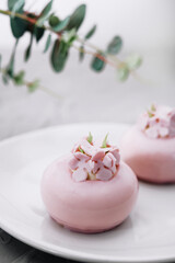 Obraz na płótnie Canvas Pink mousse cakes decorated on white plate