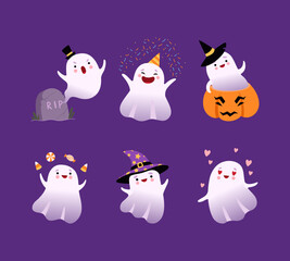 Set of cute funny halloween ghosts. Funny halloween character cartoon vector