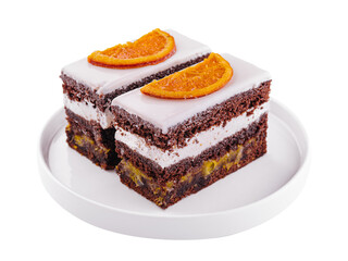 Piece of delicous chocolate cake with whipped cream