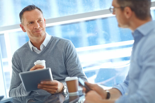 Tablet, teamwork or business people for collaboration in airport lobby for invest strategy, finance growth or financial. CEO, idea or manager on tech planning, social media or network blog networking