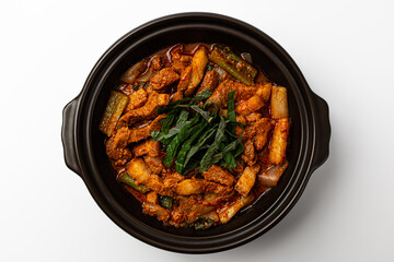 Korean style pork stew on white background