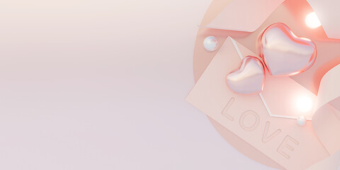 valentine background in soft tones  note letter love  Decorative ribbons and glass balls Paper cutting art Pastel colors 3D illustration of a sweet heart
