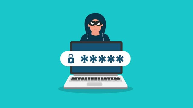 animation of laptop computer and cyber criminal looking for password.motion animation in flat design.
