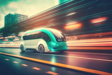 Obraz premium hi-tech future car with light trail and speed blur cityscape background