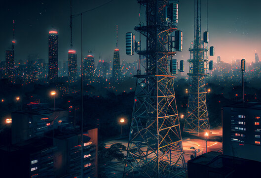 Telecommunication tower with cellular network antennas on night city landscape. Generative Ai Art. Urban skyline. Futuristic scene.