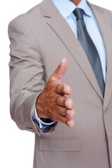 Handshake, business and man in studio for greeting, welcome or onboarding partnership. Professional, deal and closeup of corporate male model with a shaking hands gesture isolated by white background