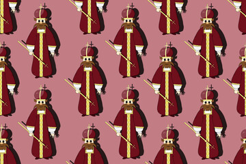 Fototapeta na wymiar Seamless pattern with prince of Kievan Rus in cut out paper style. A king in a red robe, a crown and with a scepter in his hand on a viva magenta background. 