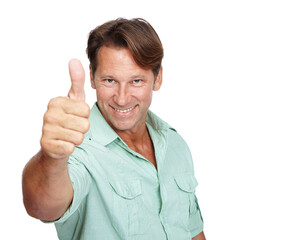 Mature businessman, portrait or thumbs up hands on isolated white background for success, growth or motivation. Face, smile or happy worker with thumb, yes hand gesture or winner good luck on mockup