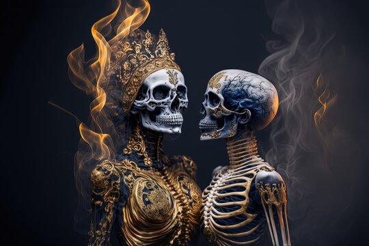 fairytale skeleton of king and queen closer to each other eternal love theme,  flame and smoke with dark background