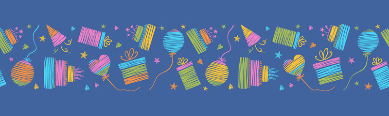 Fun hand drawn party seamless background with cakes, gift boxes, balloons and party decoration. Great for birthday parties, textiles, banners, wallpapers, wrapping - vector design