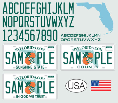 Florida License car plate pattern design, with numbers, letters and symbols, United States of America, vector illustration
