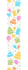 Fun hand drawn party seamless background with cakes, gift boxes, balloons and party decoration. Great for birthday parties, textiles, banners, wallpapers, wrapping - vector design