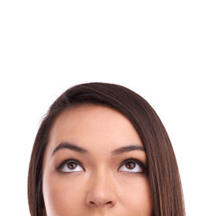 Obraz premium Half face of a woman looking at mockup space in a studio for product placement or marketing. Beauty, young and female model a with empty mock up for advertising isolated by a white background.