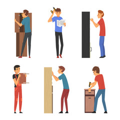 Men assembling furniture set. Male characters making wooden furniture using professional tools cartoon vector illustration