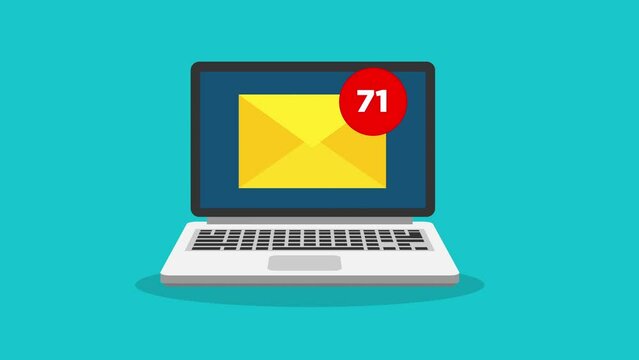 Laptop and email notification on screen animation. motion animation in flat design style.
