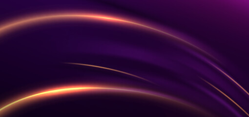 Abstract glowing gold curved lines on dark purple background with lighting effect and sparkle with copy space for text. Luxury design style.