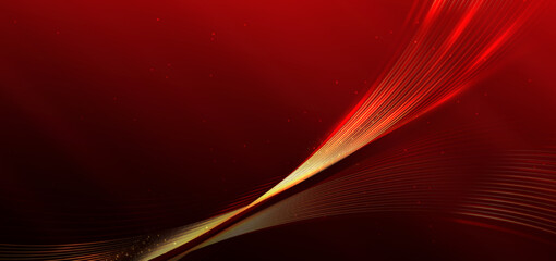 Abstract luxury curve golden glowing lines on dark red  background with lighting effect and sparkle.Template premium award design.
