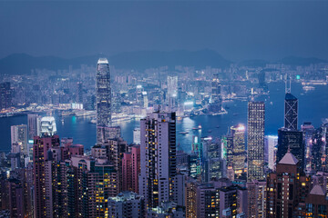 Hong Kong cityscape. Urban skyline from The Peak at night..
