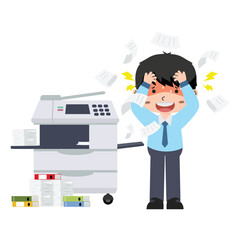 Confused business worker broke copy print Office multifunction machine