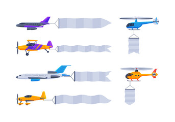 Set of aircrafts flying with blank horizontal banners. Advertising banner pulled by airplanes and helicopters cartoon vector illustration © topvectors