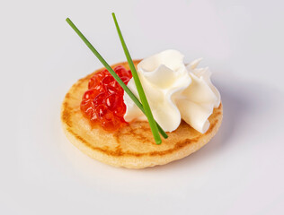 Macro food photography of starter with caviar, cream, chive, snack, seafood