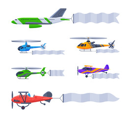 Aircrafts flying with advertising banners. Blank horizontal banner pulled by airplanes and helicopters set cartoon vector illustration