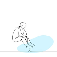 man sits barefoot with his feet in the water, he is sad, calms down or reflects - one line drawing vector. concept relaxation, reflection, balancing, harmony