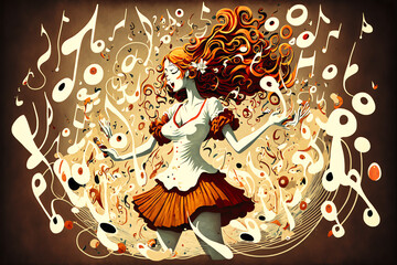 Dancing in the Circles: A Vector Illustration of a Girl Dancing with Abstract Background of Circles, Flowers, and Butterfly Design