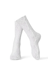 Detailed shot of white openwork translucent socks with a rubber band and abstract pattern. The socks are shaped as human legs. The fishnet semitransparent socks are isolated on a white background.