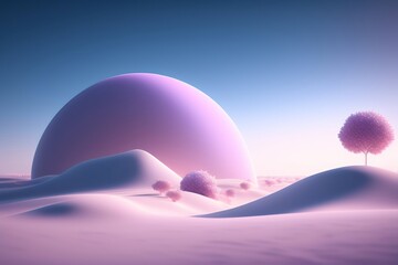 A pink color dome in desert, Surrealism