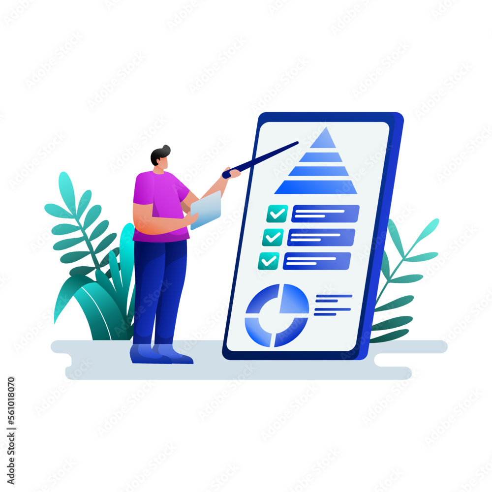 Poster project report flat illustration gradient blue. finance management business concept. male character 