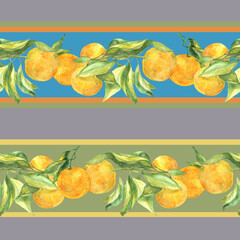 Seamless floral pattern. Watercolor image of a branch with orange ripe tangerines and green leaves.
