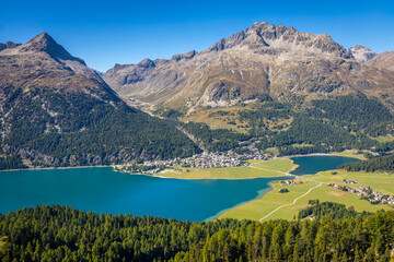 Above Silvaplana lake, Sils and Maloja from Piz Corvatsch, Engadine, Switzerland
