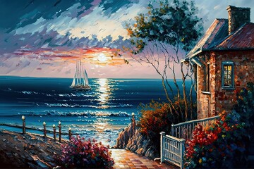 oil painting style beautiful illustration coastal seascape with nobody