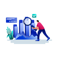 Project Overview Flat Illustration gradient blue. finance management business concept. a male character is analyzing a chart using a magnifying glass. suitable for mobile app web landing pages. vector