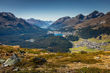 View Above St Moritz from Muottas Muragl of Upper Engadine, Graubunden, Switzerland