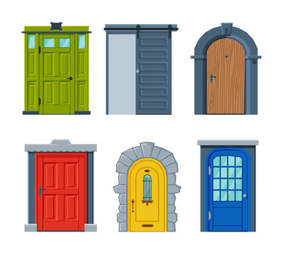 Wooden modern and classic closed front doors set. Entries to apartments, houses and buildings set cartoon vector illustration