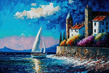 oil painting style beautiful illustration coastal seascape with nobody - obrazy, fototapety, plakaty