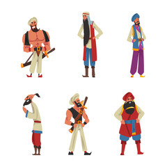 Heroes of Arabian tales set. Arab men characters cartoon vector illustration