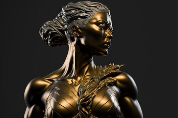 Statue de personne sto&iuml;cienne, accents de marbre dor&eacute; et noir, fond noir, id&eacute;al pour les citations, les cartes, l'&eacute;motion, le visage, le corps, l'homme