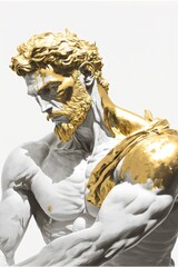 Statue de personne stoïcienne, accents de marbre doré et blanc, fond blanc, idéal pour les citations, les cartes, l'émotion, le visage, le corps, l'homme