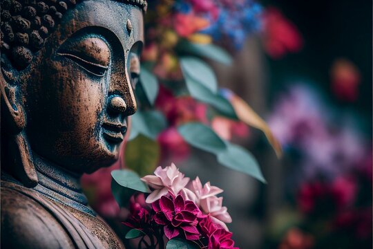 Buddha Statue With Colourful Flowers