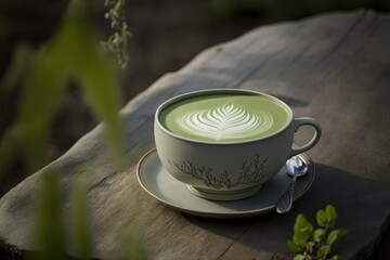 illustration of latte art cup green matcha green tea latte cup on wooden table
