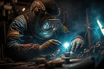 illustration of welder is welding metal , industry them bokeh and sparkle background - obrazy, fototapety, plakaty