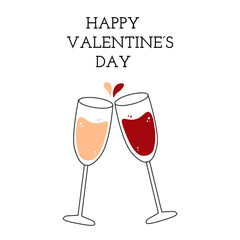 Romantic greeting cards or design templates illustration of two champagne glasses couple love drink cheers symbol sign . Happy Valentines day. 14 February collection