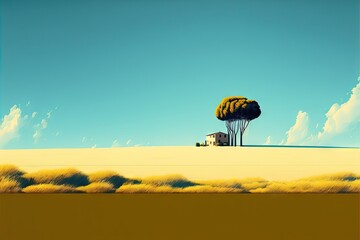 Fototapeta na wymiar paysage minimaliste avec un arbre et une maison, image vectorielle, arrière-plan