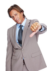 Businessman, thumbs down and bad news, disappointment or failure against a white studio background....