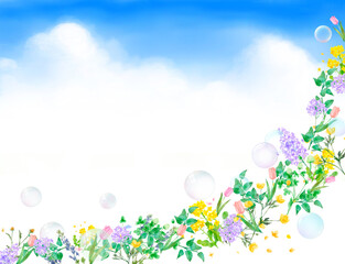 Fototapeta premium ポップで優しい色使いのオシャレな水彩画植物とシャボン玉ー雲のある青空の白バックフレームイラスト素材